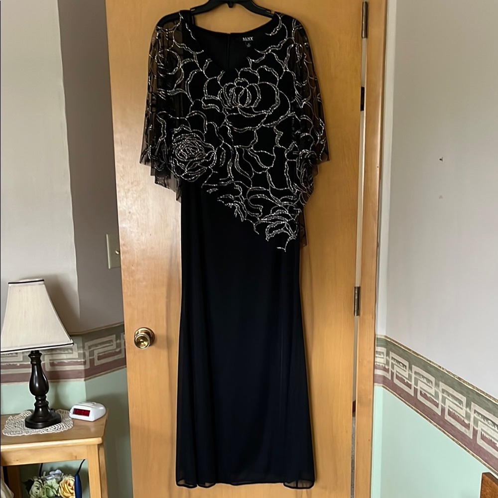 SLNY Black and Silver Asymmetrical Gown with Flutter Sleeves